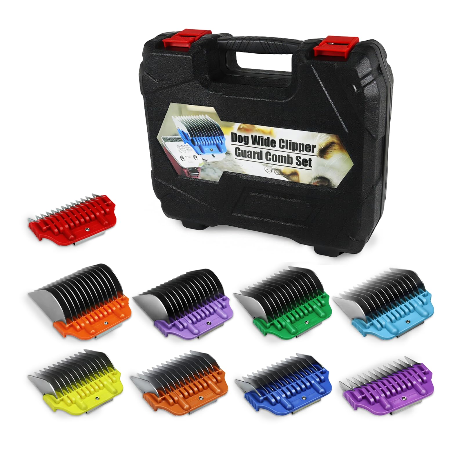 Juego de 9 peines Protectores de Acero Inoxidable Ancho para cortadora de Pelo de Mascotas, Compatible con Serie A5 | Peines con Clip, Solo Apto para Cuchillas Anchas 10W/15W/30W.