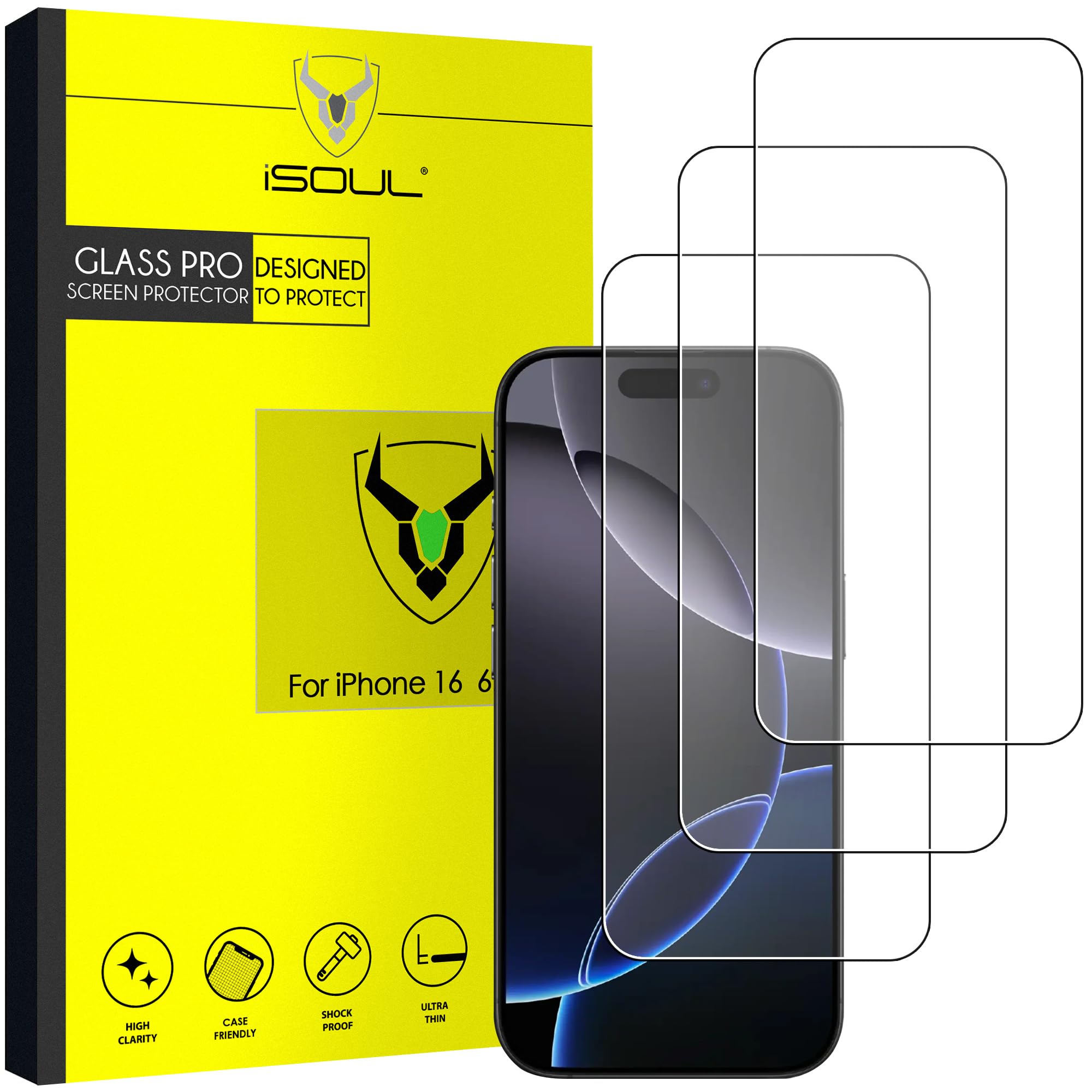 iSOUL Screen Protector for iPhone 16 Pro Max 6.9 Inch Tempered Glass Film Full Coverage, Case Friendly Clear 3 Pack