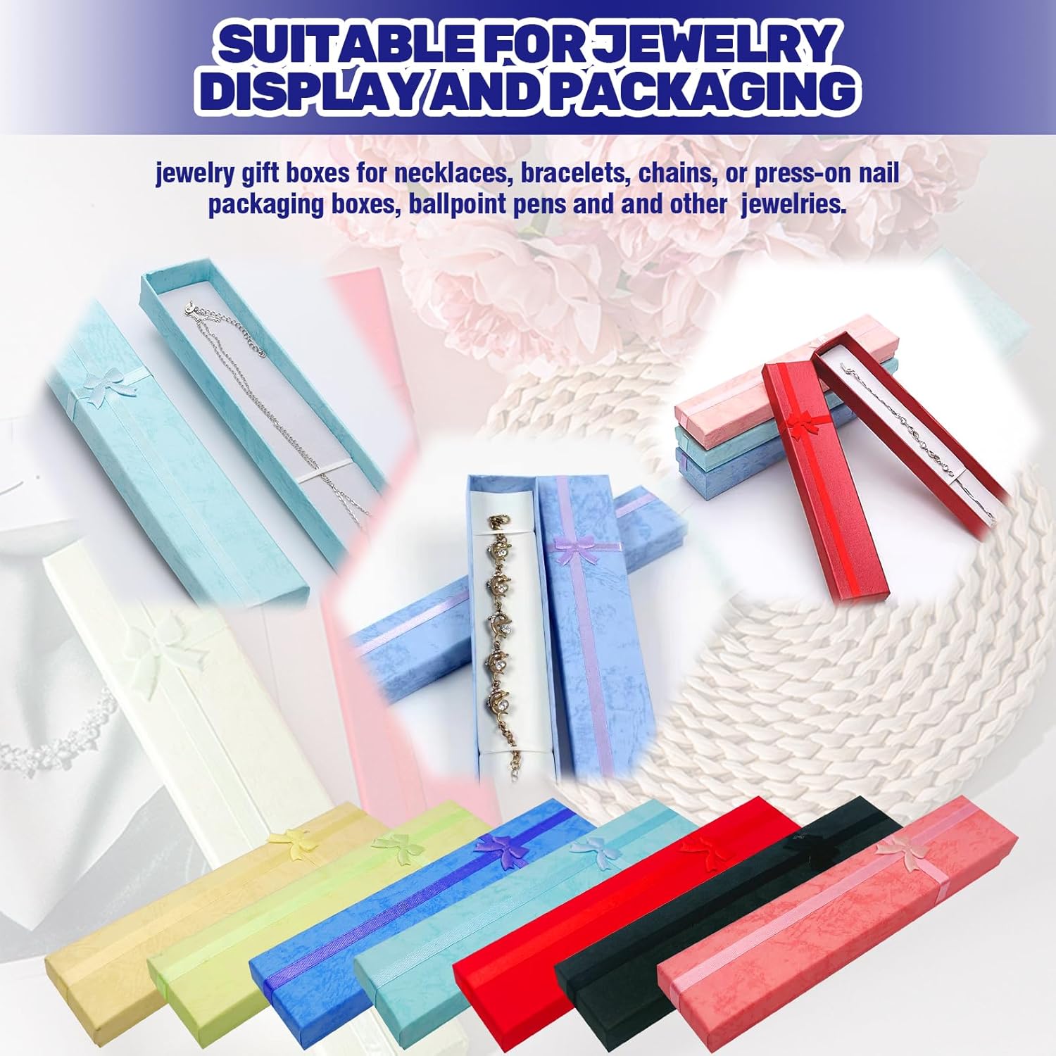 35Pcs Empty Jewelry Gift Boxes with Lids Set, Cardboard Jewelry Boxes with Decorative Ribbon Knot Press On Nail Jewelry Storage for Anniversaries, Weddings, Birthdays (7.9 x 1.6 In)