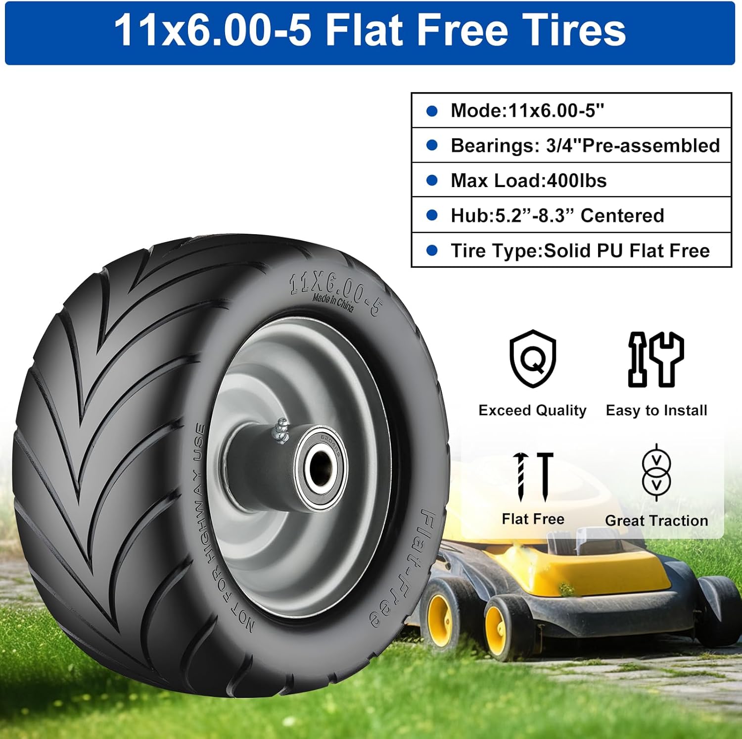 11x6.00-5 Flat Free Tire with Chevron Tread, Zero Turn Lawn Mower Tires with 3/4" or 5/8" and 1/2" Bearings, 5.2"-8.3" Centered Hub,11x6.00-5 Tires for Zero Turn Mower Gray Rim - 2Pack