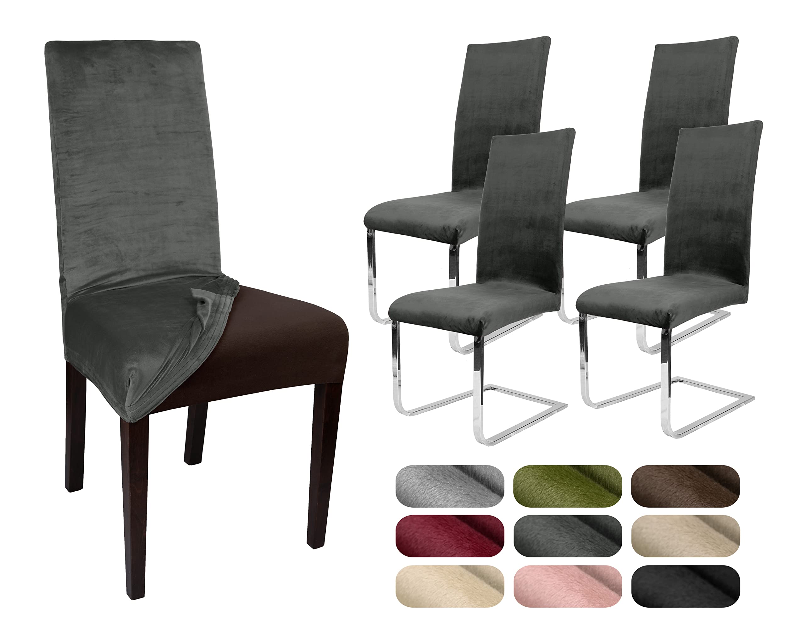 BEAUTEX Stuhlhussen Samt Stretch Stuhl & Schwingstuhl 4er Set Grau LEA | 95% Polyester, 5% Elasthan, weiche Velours-Oberfläche, Rundum-Gummizug, 30 °C waschbar, faltenarm, formstabil & langlebig