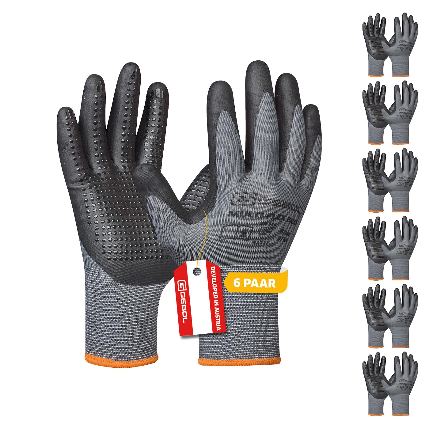 Gebol Multi Flex Eco, 6 Paar Arbeitshandschuhe für Herren mit Noppen aus Nitril-Mikroschaum, Atmungsaktive Handschuhe für Montage & Werkstatt, Antirutsch-Griff, L (Gr. 9)
