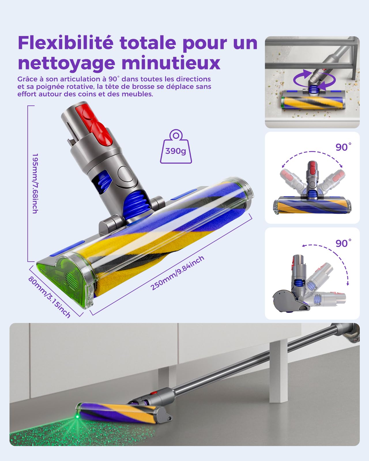 Tête de nettoyage V15 Fluffy Optic pour aspirateur Dyson V15 V11 V10 V8 V7, détection de la poussière avec lumière verte, accessoire à rouleaux en mousse pour sols durs et en bois