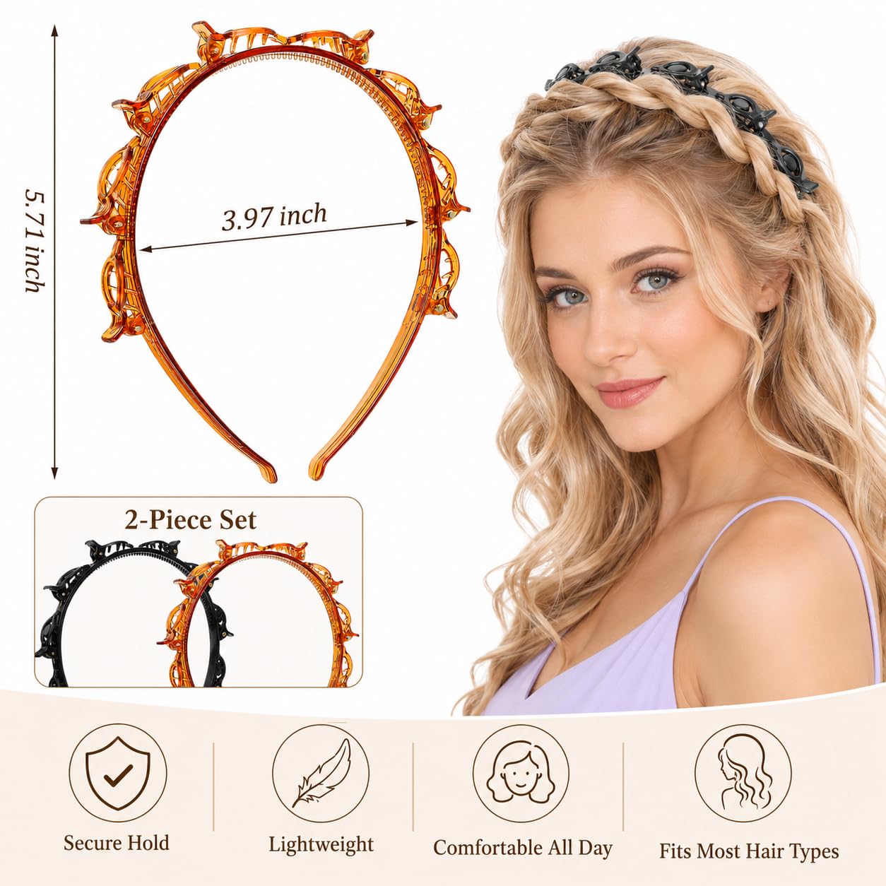 2 Pcs Braided Headbands with 8 Clips Each, 90s Y2K Butterfly Hair Clips Headband with Non-Slip Toothed Design, Bangs Styling Hair Hoops, DIY Fashion Hair Accessories for Women Girls image 2