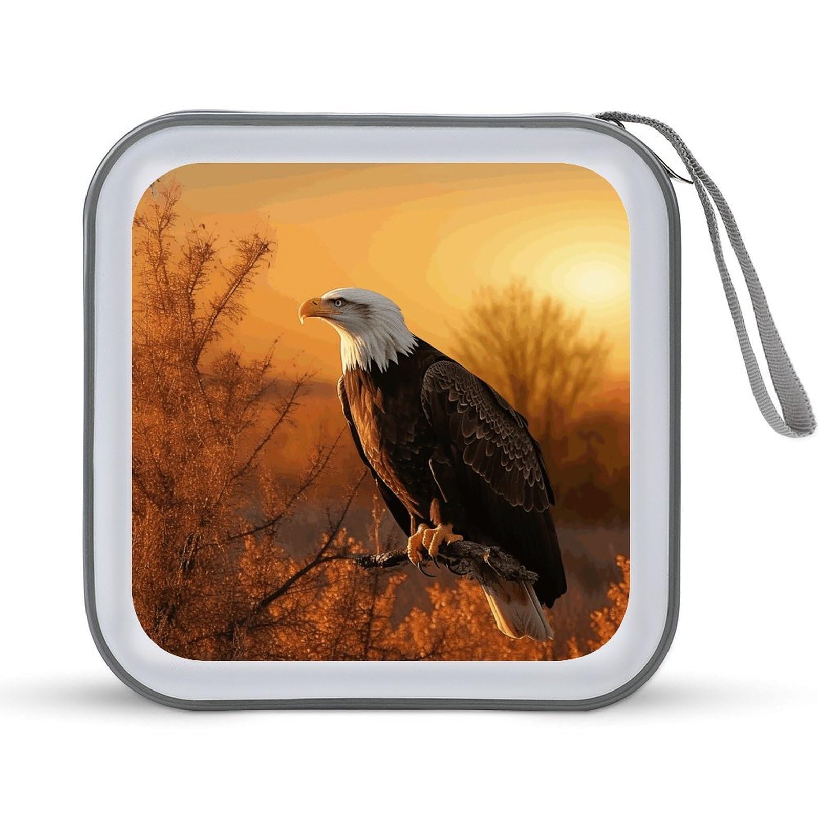 VstaDank gold Sunset Bald Eagle 40 Capacity CD Case with Zipper Disc, Portable Hard Plastic CD Storage Organizer, DVD Wallet Organizer for Home