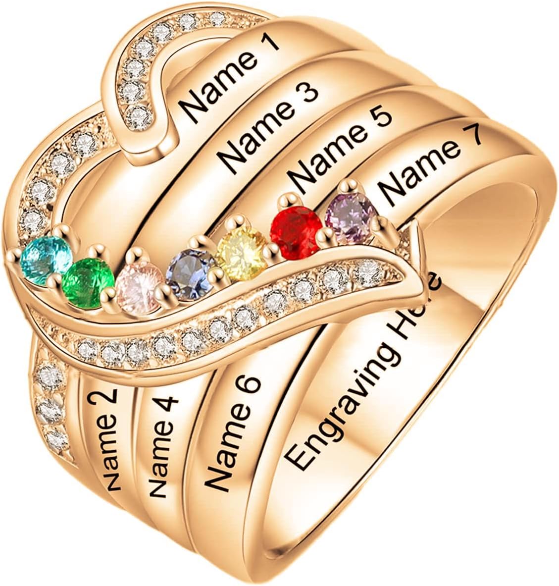 10k 14k 18k Solid Gold Mother Ring with 7 Birthstones Personalized Custom Family Name Ring Customize Name Real Gold Custom Multiple Name Rings for Women Mom Wife Mother's Day Birthday Gifts