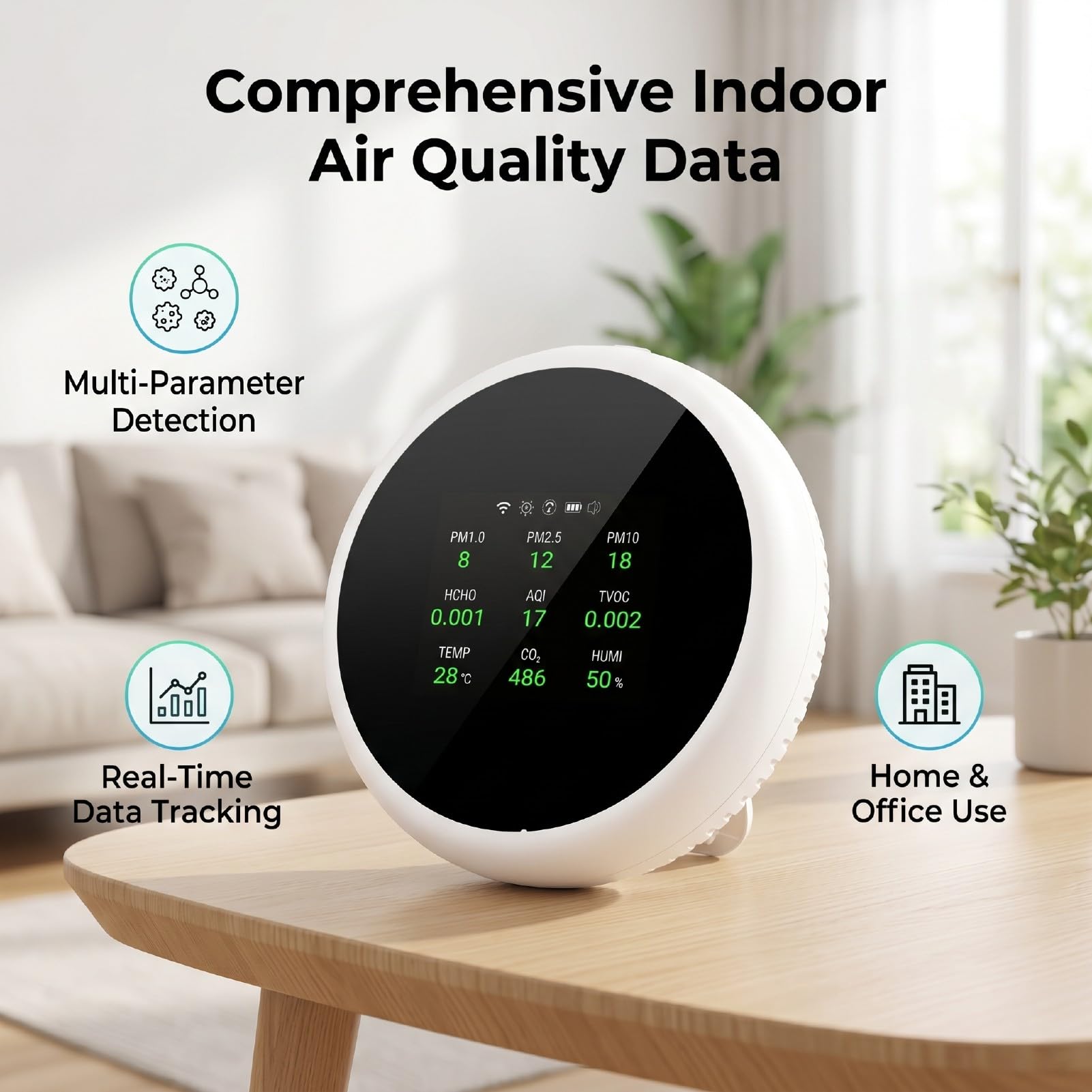 Zunate Moniteur Intelligent de qualité de l'air Intérieur CO2 PM2,5 PM10 TVOC HCHO avec Affichage de la Température et de l'humidité, Testeur de qualité de 'air Rond Blanc pour le Bureau à Domicile