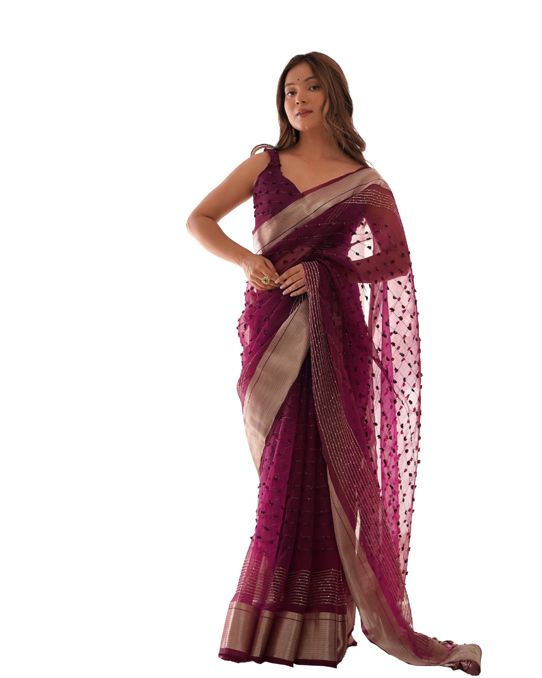 Fashion Basket Organza Sequence Embroidery Saree With Blouse Piece For Women-(Sari3144)