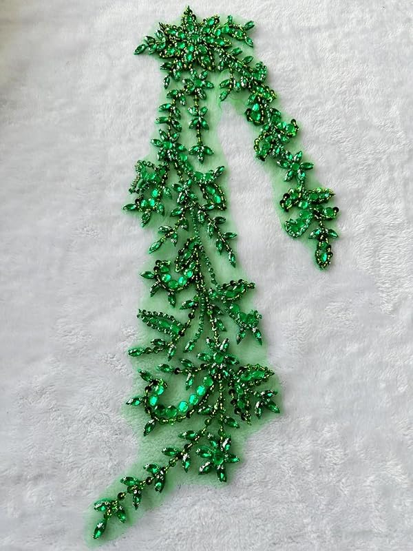 PLune Handmade Shining Acrylic Rhinestones on lace Applique Sewing Beads Stones Trim Patches Accessories for Wedding Dress (LightGreen Right) by PLune - Used condition - Image 5