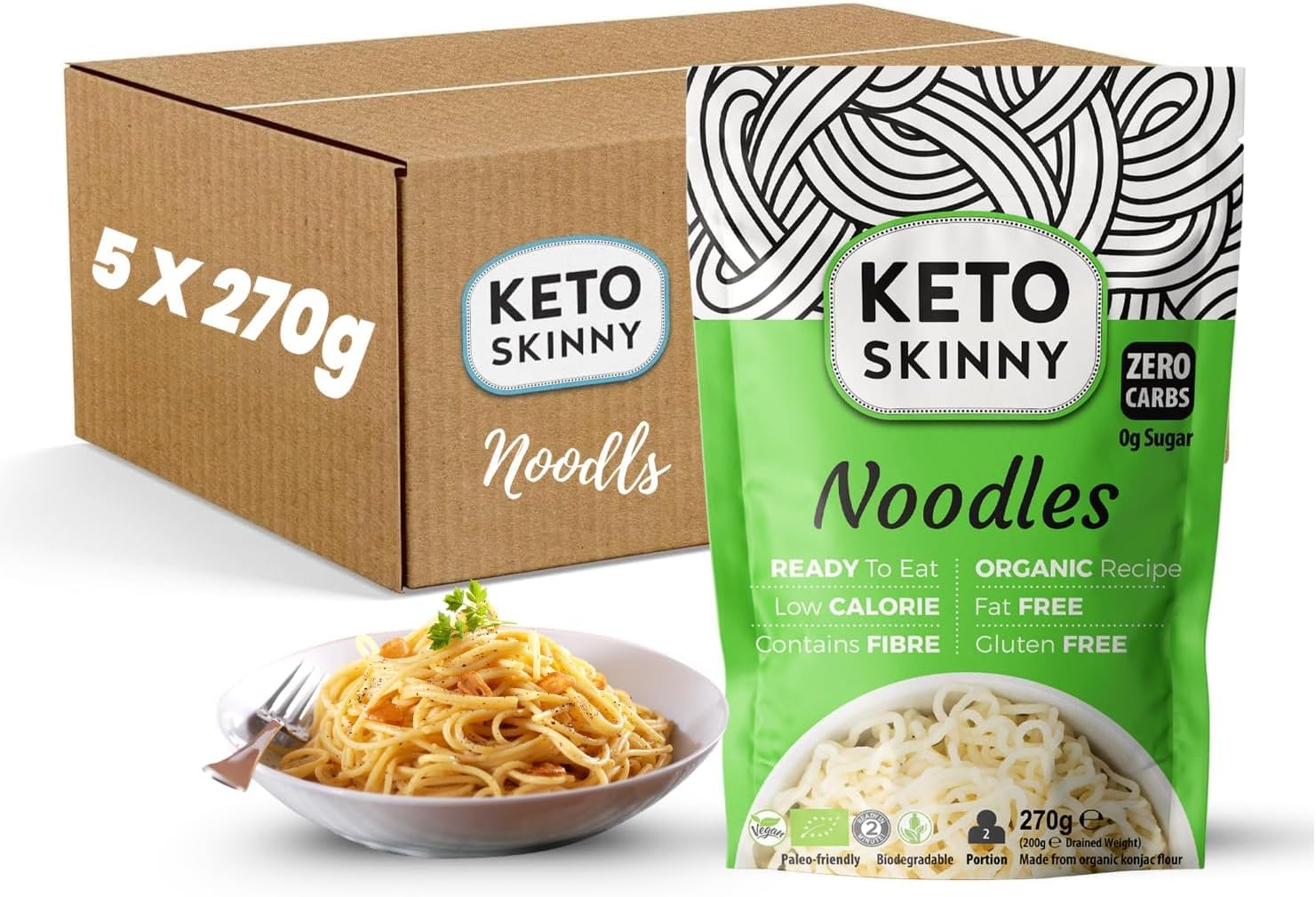Keto Skinny Noodles (Pack of 5, 270g) | Organic Konjac Flour Shirataki | Zero Carb Noodles | Low Calorie | Vegan | Gluten Free | Keto & Paleo Friendly | Ready to Eat Konjac Noodle Alternative