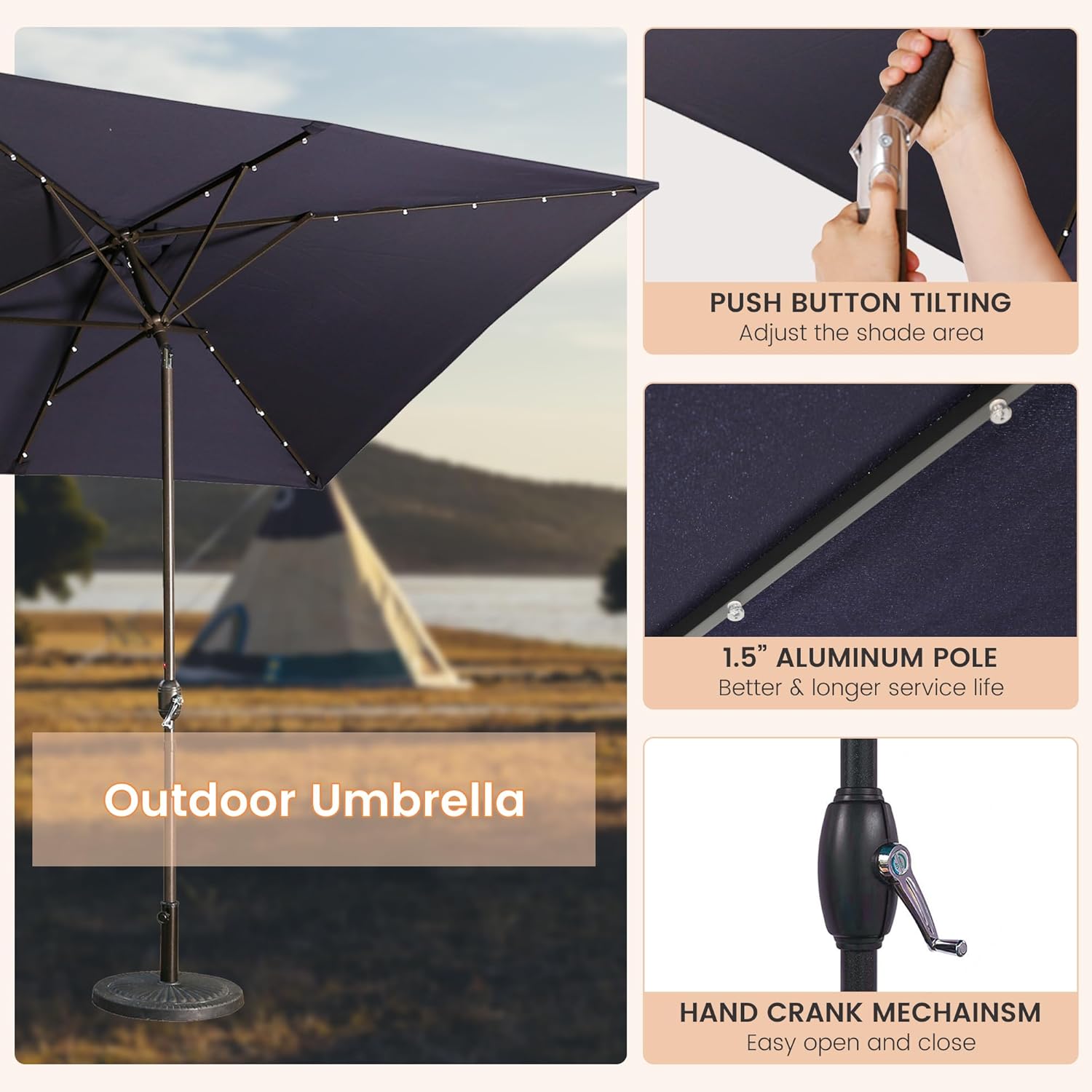 MONDAWE Rectangular Market Umbrella with Lights 10 x 6.5 FT Outdoor Solar LED Patio Umbrella Tilt and Crank Aluminum Commercial Table Umbrella for Pool Backyard Balcony