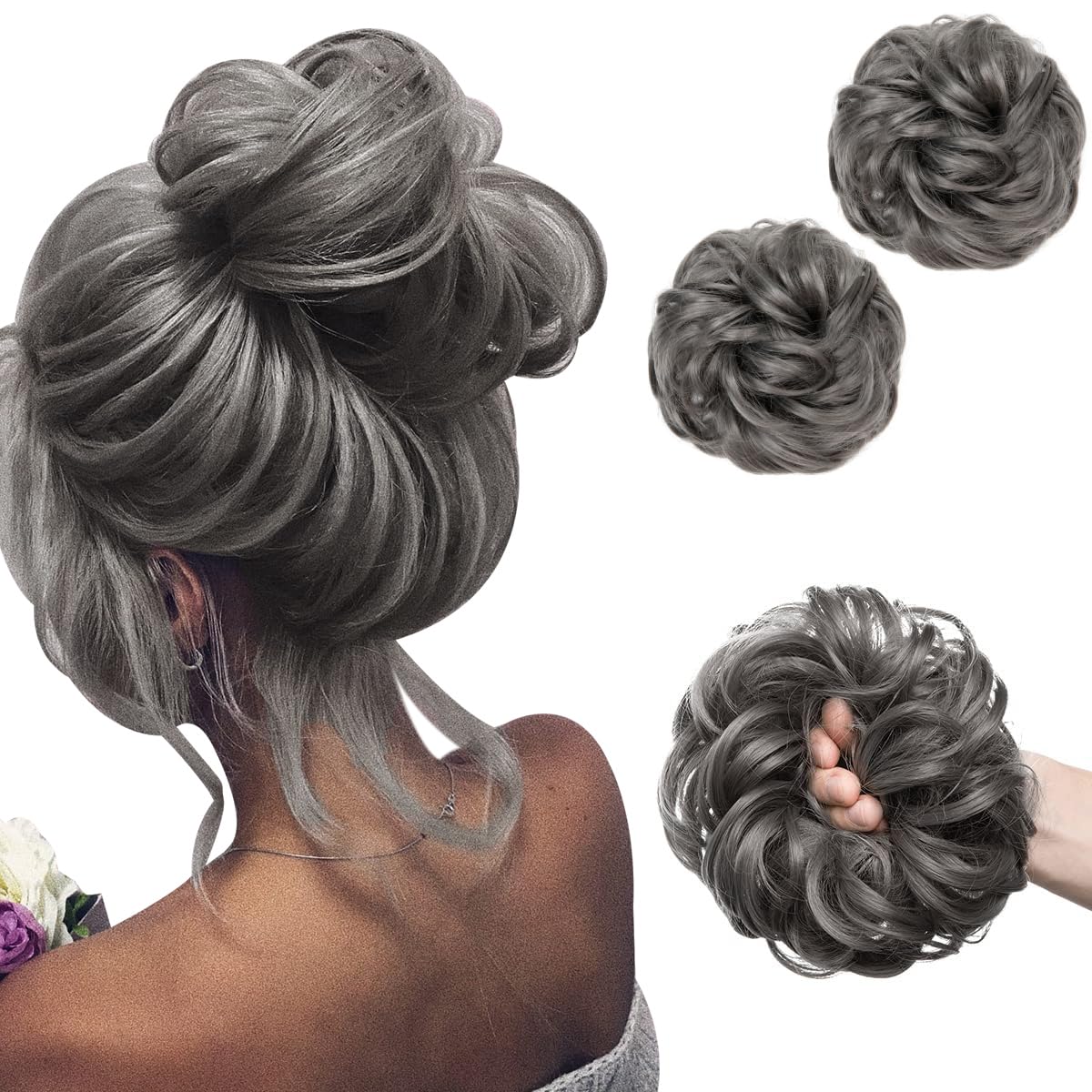 SARLA 2PCS Messy Bun Hair Pieces for Women Girls Synthetic Scrunchies Buns Extension Hairpieces Updo Pony Tail Dark Grey