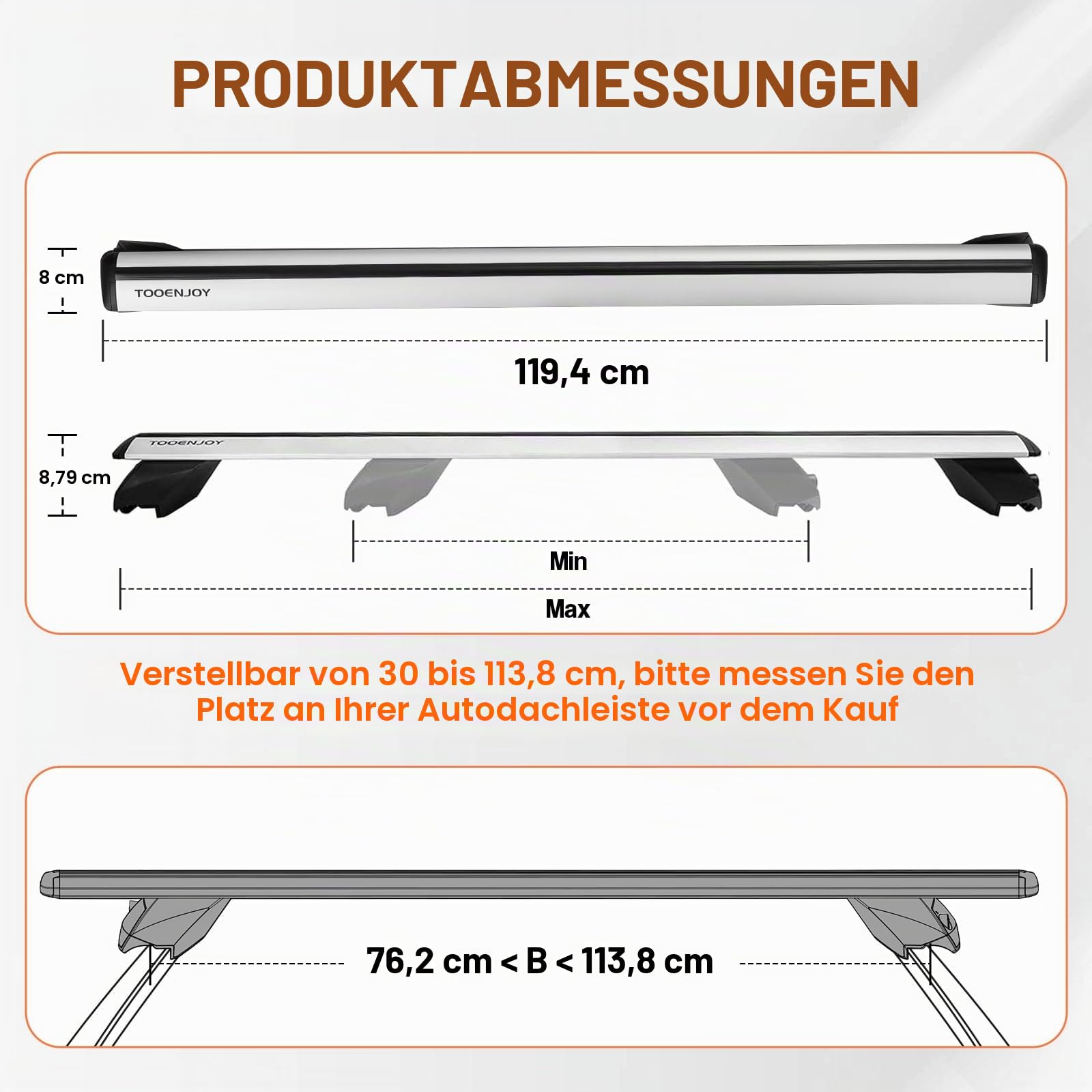 COWVIE 119 cm Aluminium Dachträger-Querstangen für erhöhte Seitenschienen, verstellbare Ladeträger mit Schlüsselverriegelung, Traglast 90 kg, Silber