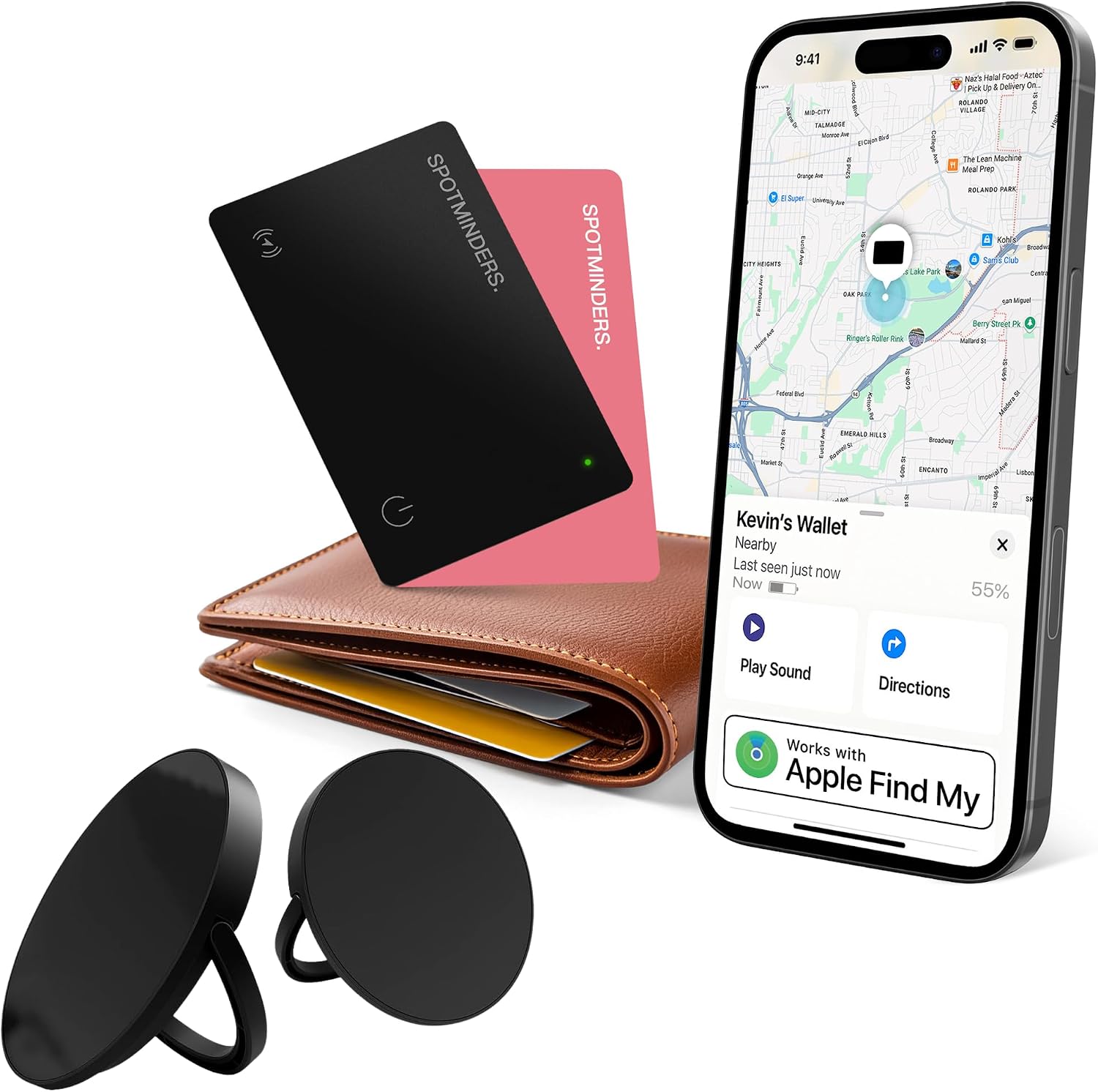 SPOTMINDERS Wireless Charger & 2X Apple MFi Certified Wallet Tracker Card Bundle - 1x Pink & 1x Black Card - Works with Apple Find My Tracking Card for Wallet Card Rechargeable Tag IP68 Waterproof