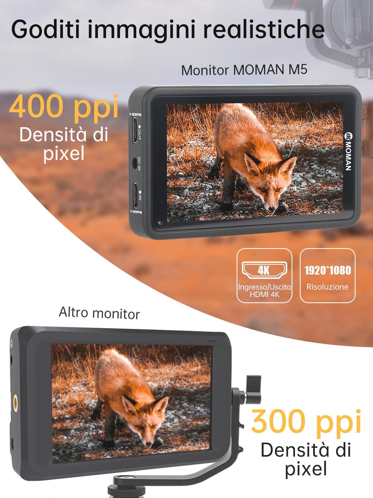 Moman M5 Monitor-Esterno-Reflex-4K-DSLR 5.5 Pollici Touch Screen 450nits, Monitor da Campo 1920 * 1080 Full HD con 3D LUTs/HDR, Monitor Mirrorless