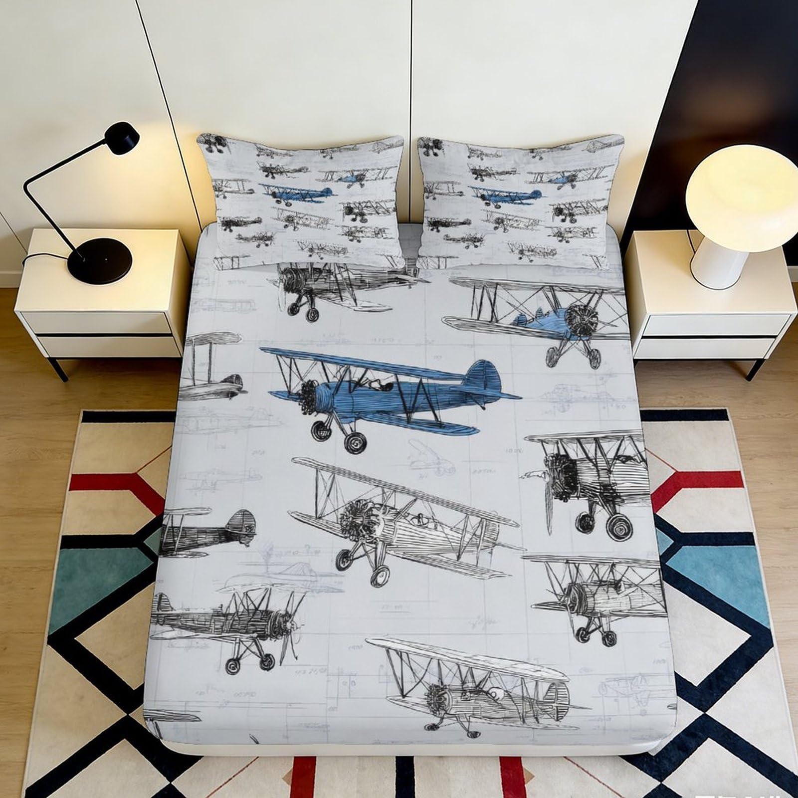 3D Printed Vintage Airplane Fitted Sheet Microfiber Soft Durable Blue Plane Bed Cover for Bedroom Dormitory Guest Room Mattress Protection Decor 160x200x25cm