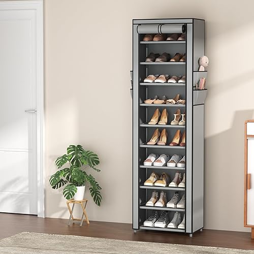 Miniatura 2 de VTRIN - Zapatero alto, organizador estrecho y vertical para armario o recibidor, 10 niveles, cubierta no tejida, contiene 20-22 pares de zapatos,