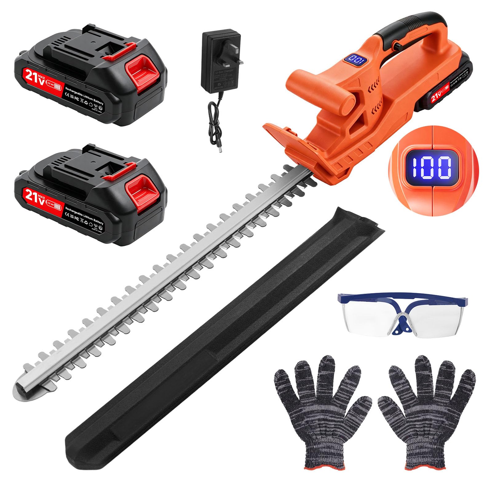 Hedge Trimmer Cordless,52cm Laser-Cut Diamond Hedge Cutter with 21v Battery & 2 Batteries,Lightweight Hedge Trimmer Cordless 2kg,2400 Cuts/Min,45° Adjustable,Safety Lock,Anti-Vibration for Gardeners