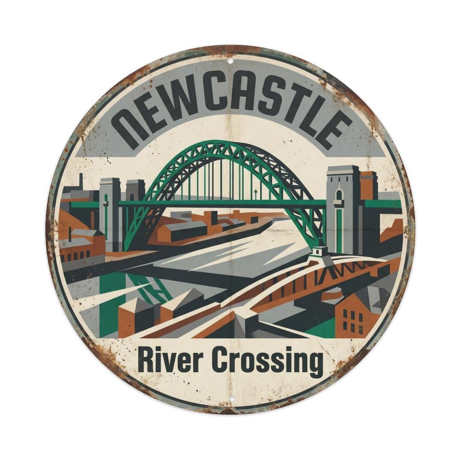 Newcastle Tyne Bridge Historic Travel Cartography Landmark Metal Tin Sign Plaque Wall Decor for Cafe, Man Cave, Club Bar, Office, Home Garden Round Metal Poster 8x8Inch