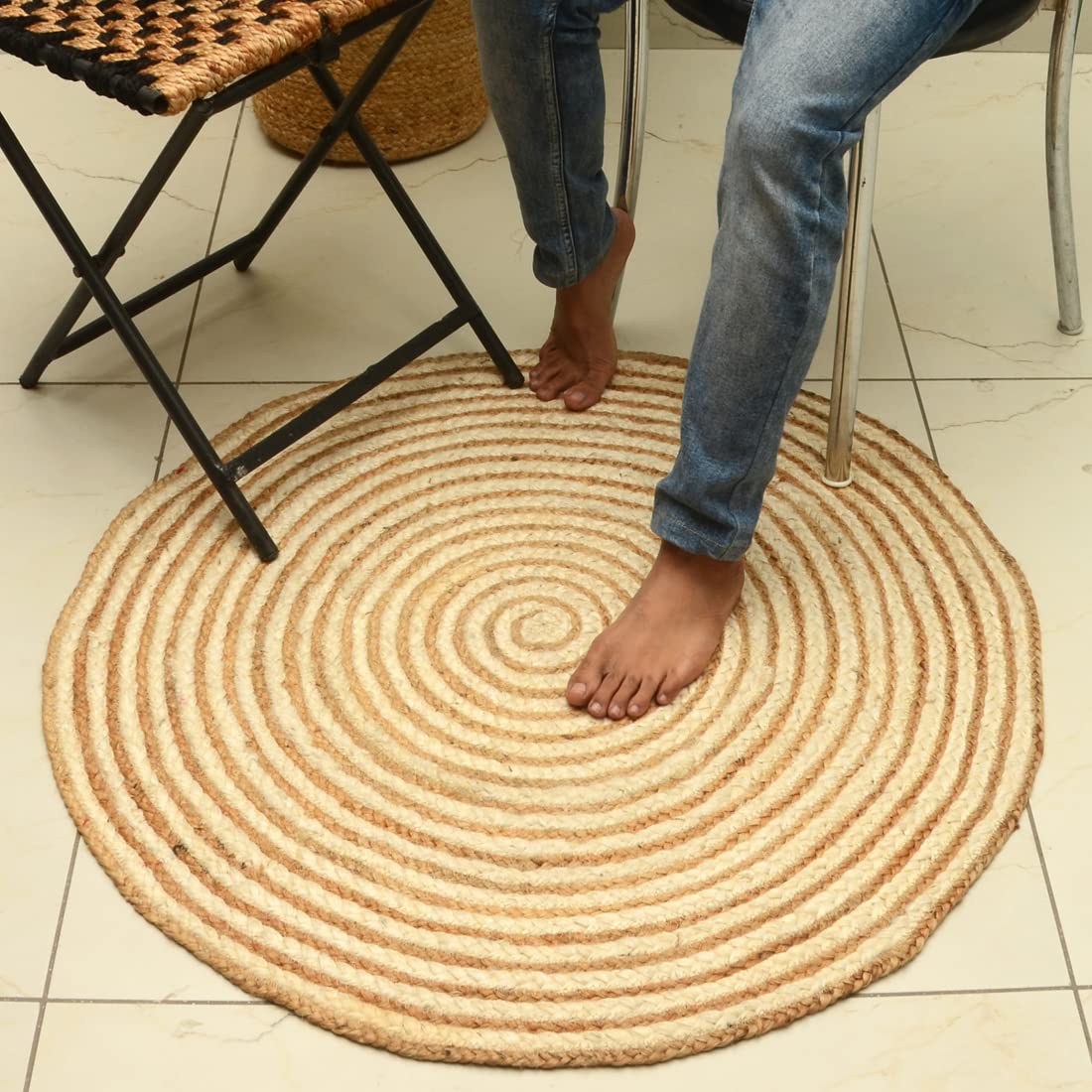 Jutex India Jute Area Rug for Living Room, Bedroom and Dining Room, White and Natural (90 cm)