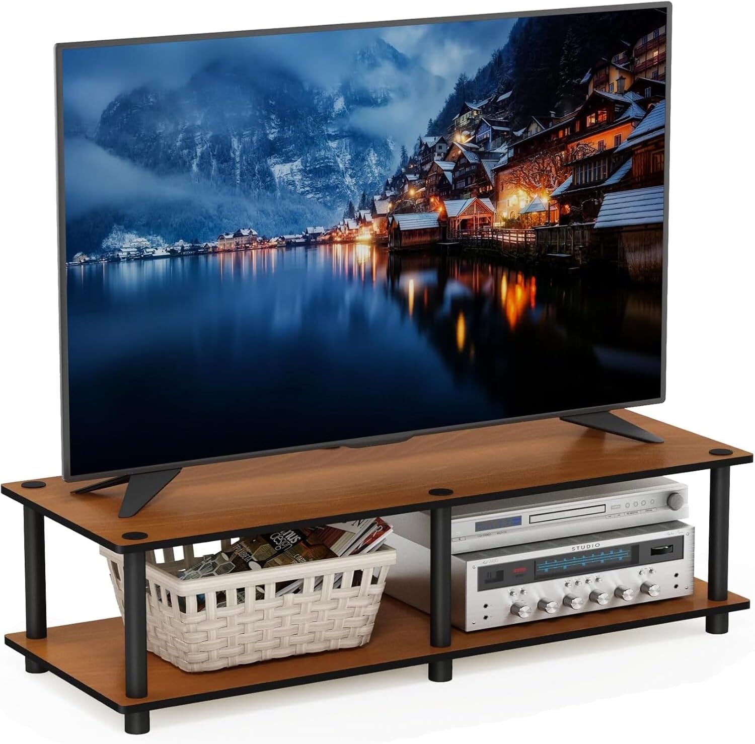 HomeStock 2-Tier No Tools Mid Entertainment Center with Open Shelf, TV Console for TV up to 46 Inch with Tubes, for Living Room, Bedroom, White, 31.5(W)x15.6(D)x10.9(H) 42" Inch/Light Cherry and Black