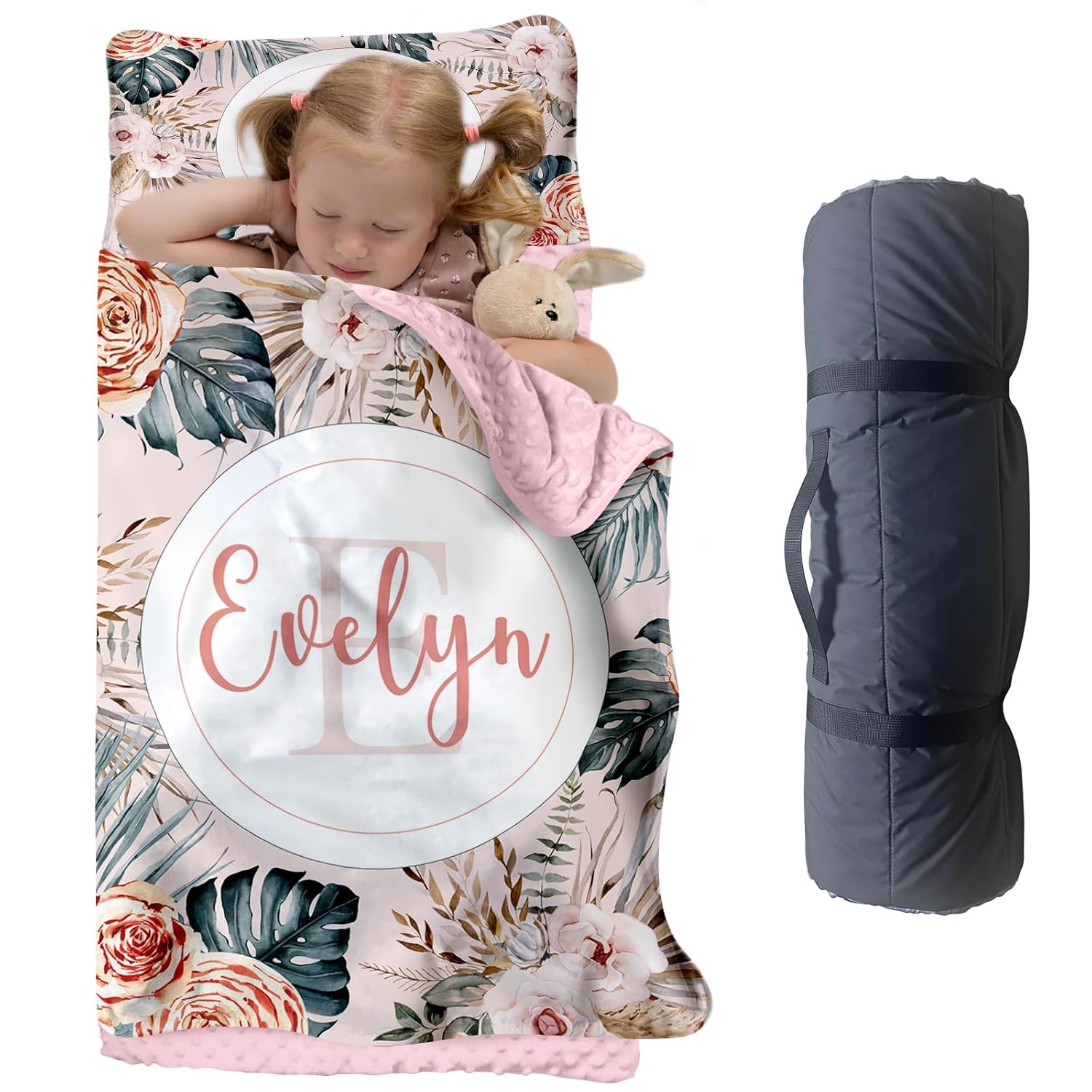 Custom Toddler Nap Mat for Preschool, Personalized Name Flower Kids Sleeping Bag for Daycare, Roll Up Sleeping Mat with Removable Pillow and Soft Dot Minky Blanke for Girls Camping