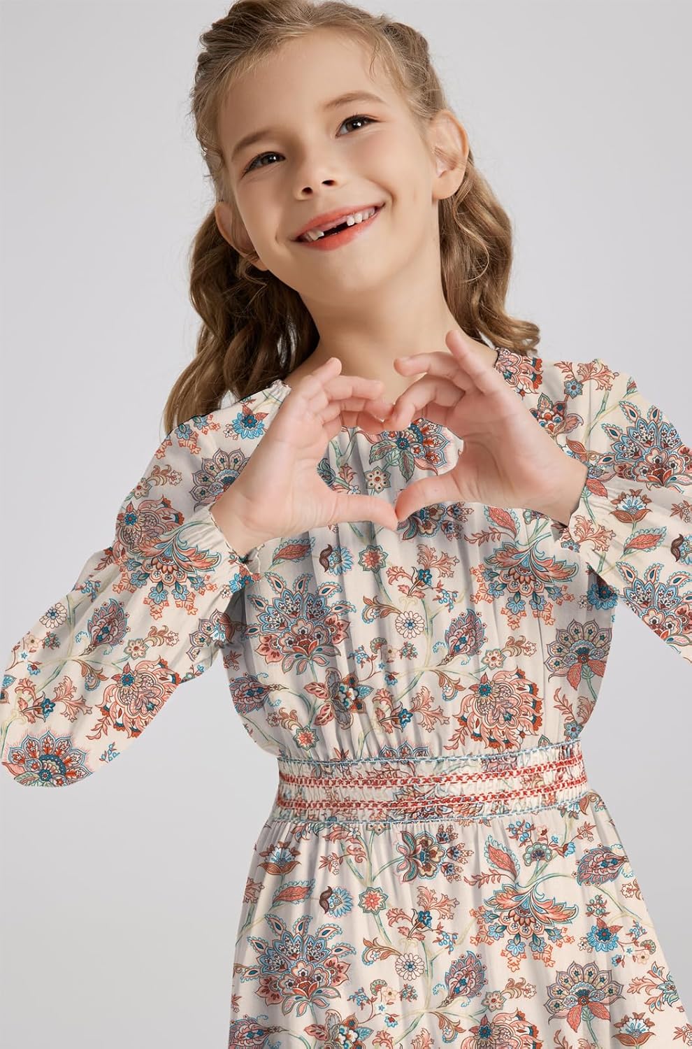 Girls Floral Smocked Waist Dress Church Holiday Playwear Soft Midi Dress with Pockets - Image 2