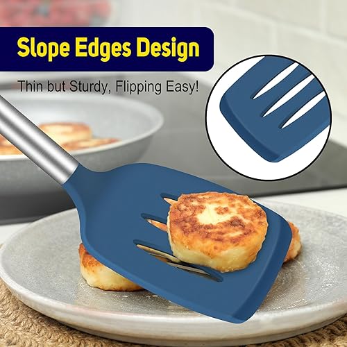 Miniatura 6 de HOTEC Juego de 2 espátulas de silicona resistentes al calor de 600 F y sin BPA con asas de acero inoxidable, espátulas ranuradas y sólidas para