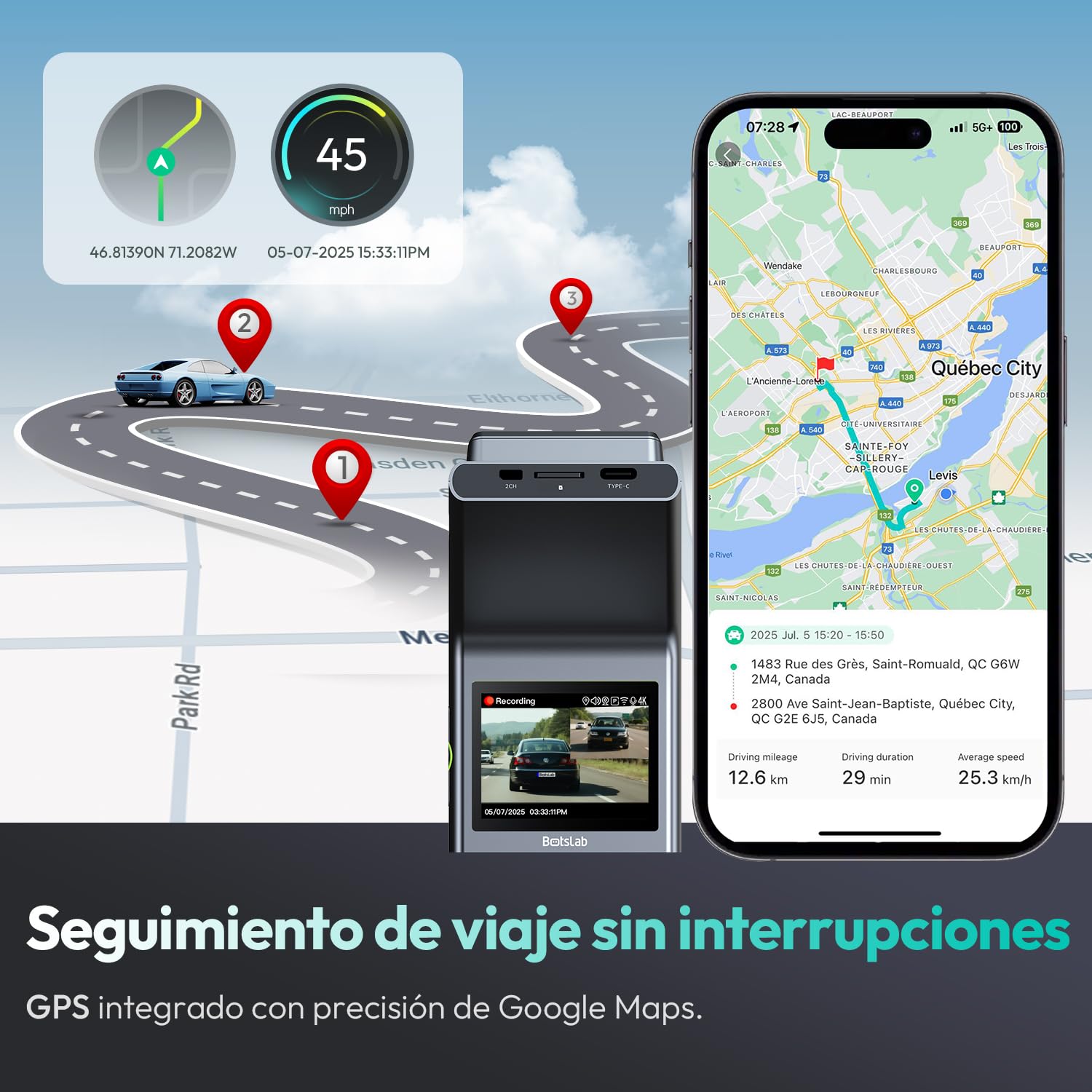 BOTSLAB 4K Cámara Doble para Salpicadero Delantera y Trasera, Sensor STARVIS 2, GPS Integrado, Control por Voz, Cámara WiFi de 5 GHz para Automóviles, Tarjeta de 64 GB Incluida.