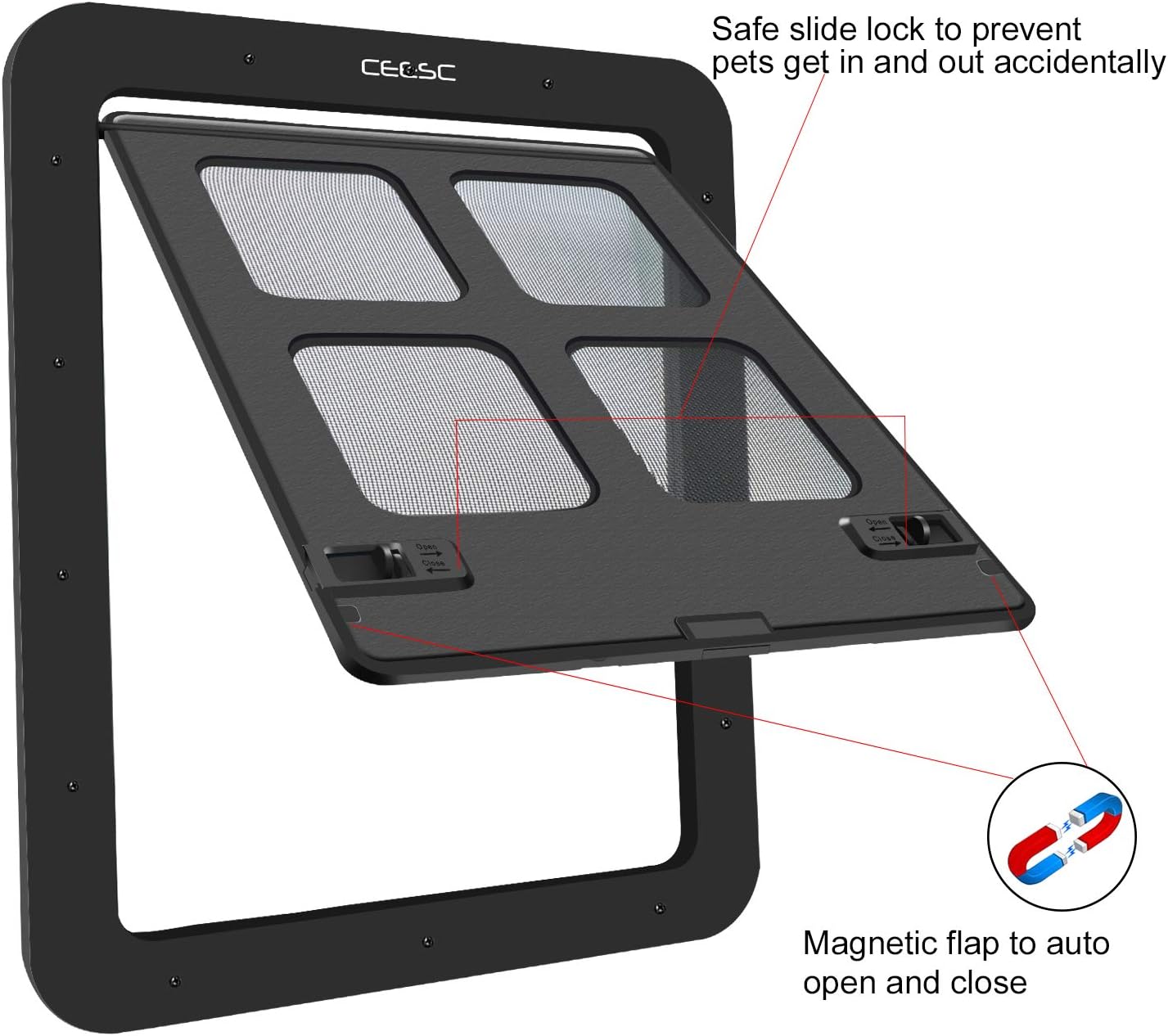 CEESC Dog Screen Door (Outer Size 14.56" x 16.92"), Lockable Pet Screen Door for Dogs & Doggie, Doggie Door for Screen Door(Large, Black)