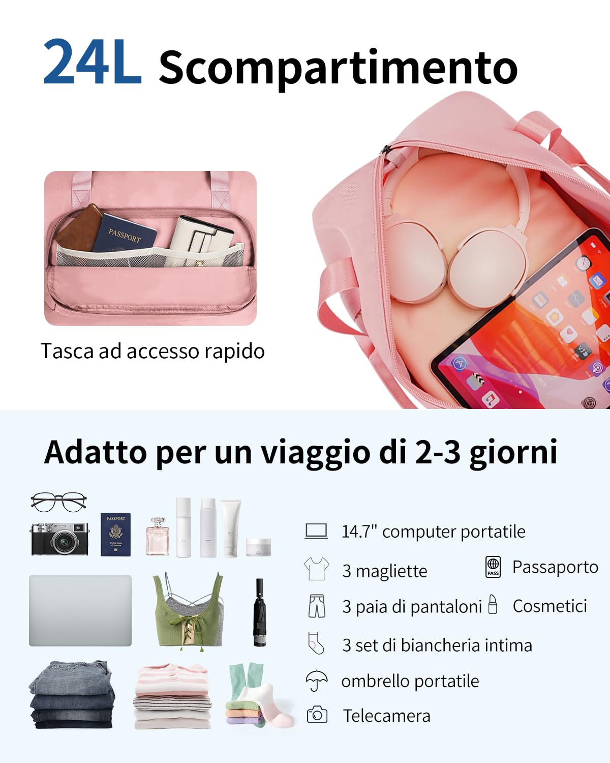 ECOHUB Borsone da Viaggio Pieghevole, Borsa da Viaggio Resistente All'acqua 40x30x20 per Ryanair, Bagaglio a Mano con Tasca Rimovibile per Oggetti Bagnati per Palestra, Aereo, Weekend,24L Rosa
