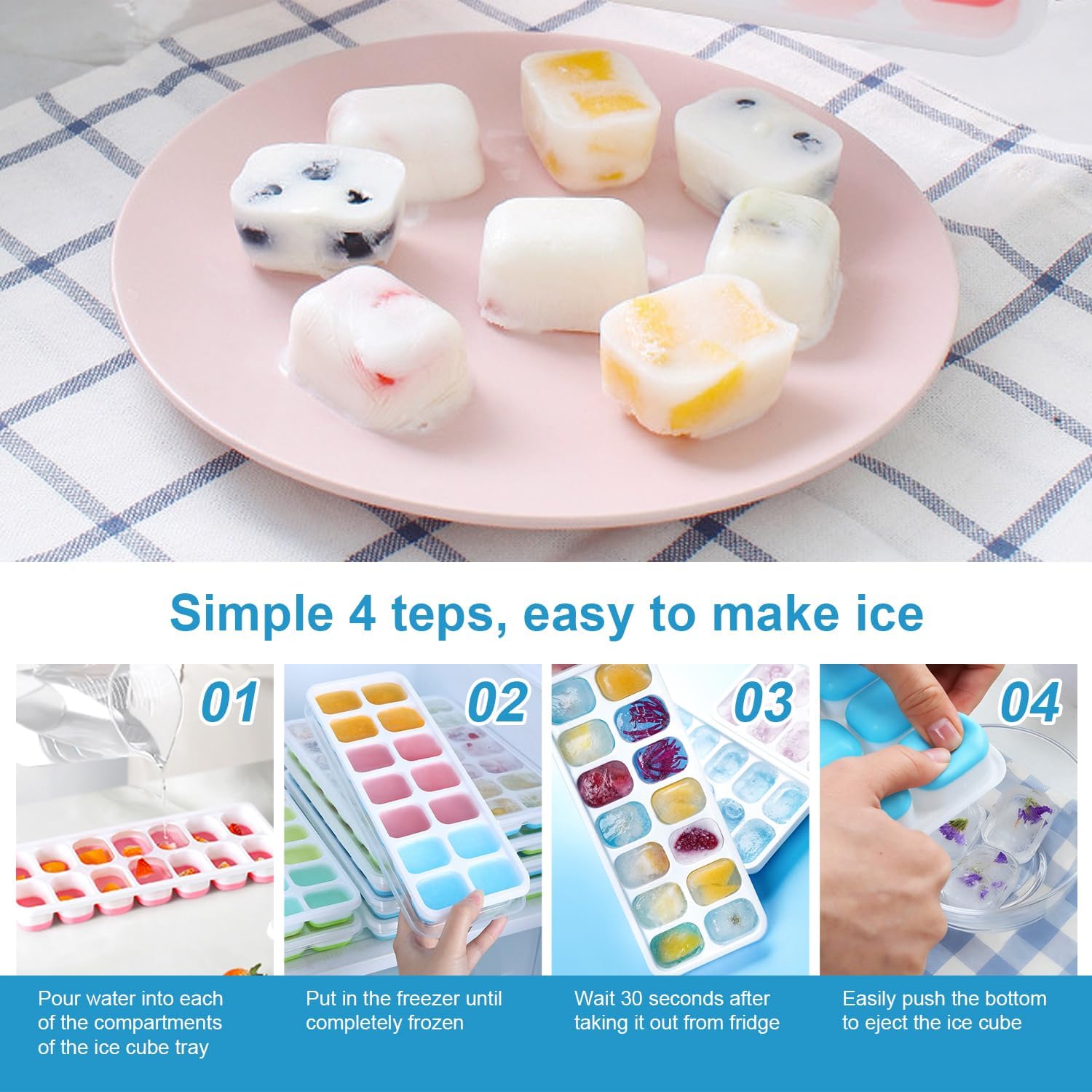 Ice Cube Tray with Lid, Easy-Release, Flexible, Ice Cube Tray, Spill-Resistant, for Freezer, Cocktail, Drinks, Coffee, 2 Pack 28 Pcs, Pink, 1.1x2.8x7.2 in