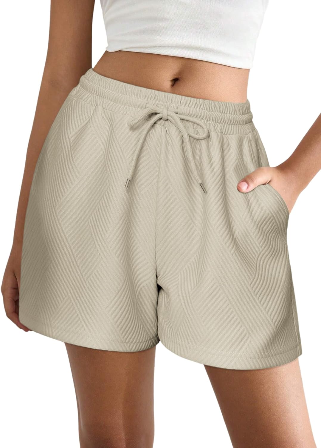 Ekouaer Womens Pajama Shorts Textured Casual Lounge Short Elastic Waist Pj Shorts Sweatsuits with Pockets 2025,Apricot,L