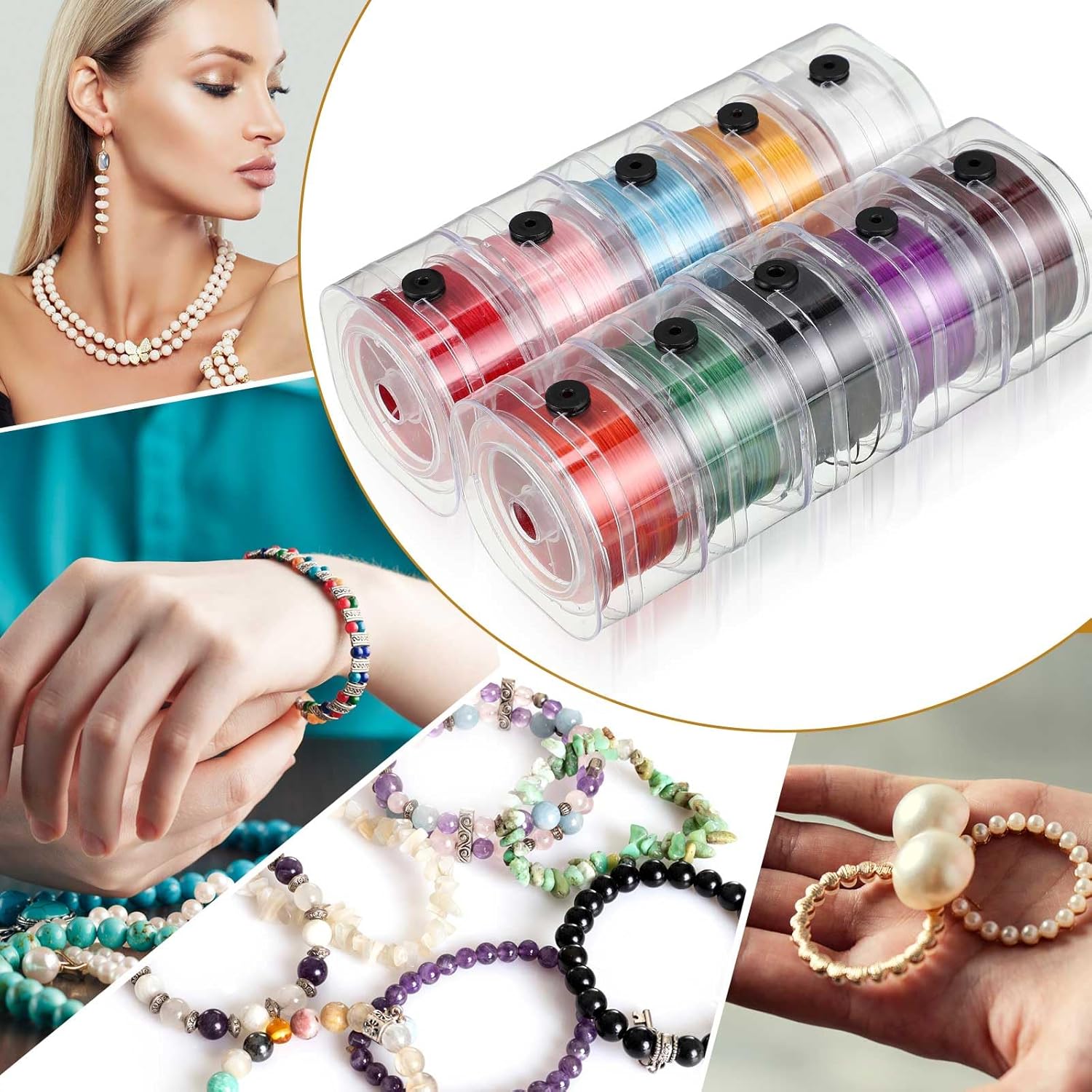 Ribbonlic 10 Rolls 0.8mm 1000 Yard Flat Stretchy Bracelet Strings with Organizing Cases Crystal Elastic Strings Bead Thread Cord for Jewelry Making Beading and Necklaces, Multicolor