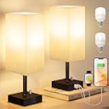 aooshine White Fully Dimmable Nightstand Lamps Set of 2 - Table Bedside Lamp with USB C+A Charging Ports & 2 AC Outlets, Square Lamp Sets Linen Fabric Shade for Bedroom Living Room(Bulb Included)