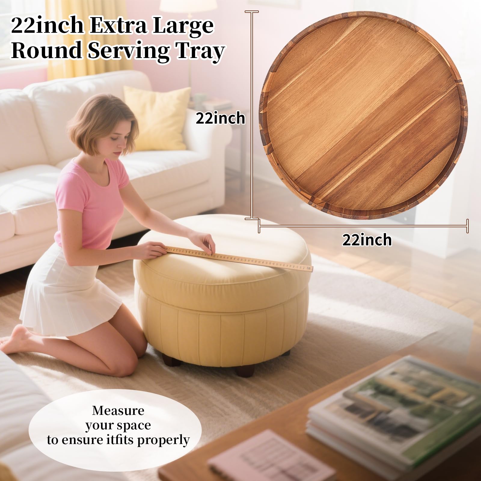 GinSent Vassoio da portata rotondo extra large da 55 cm, con manici, vassoio decorativo in legno ottomano per soggiorno, vassoio a prova di perdite per colazione, caffè, tè (acacia)