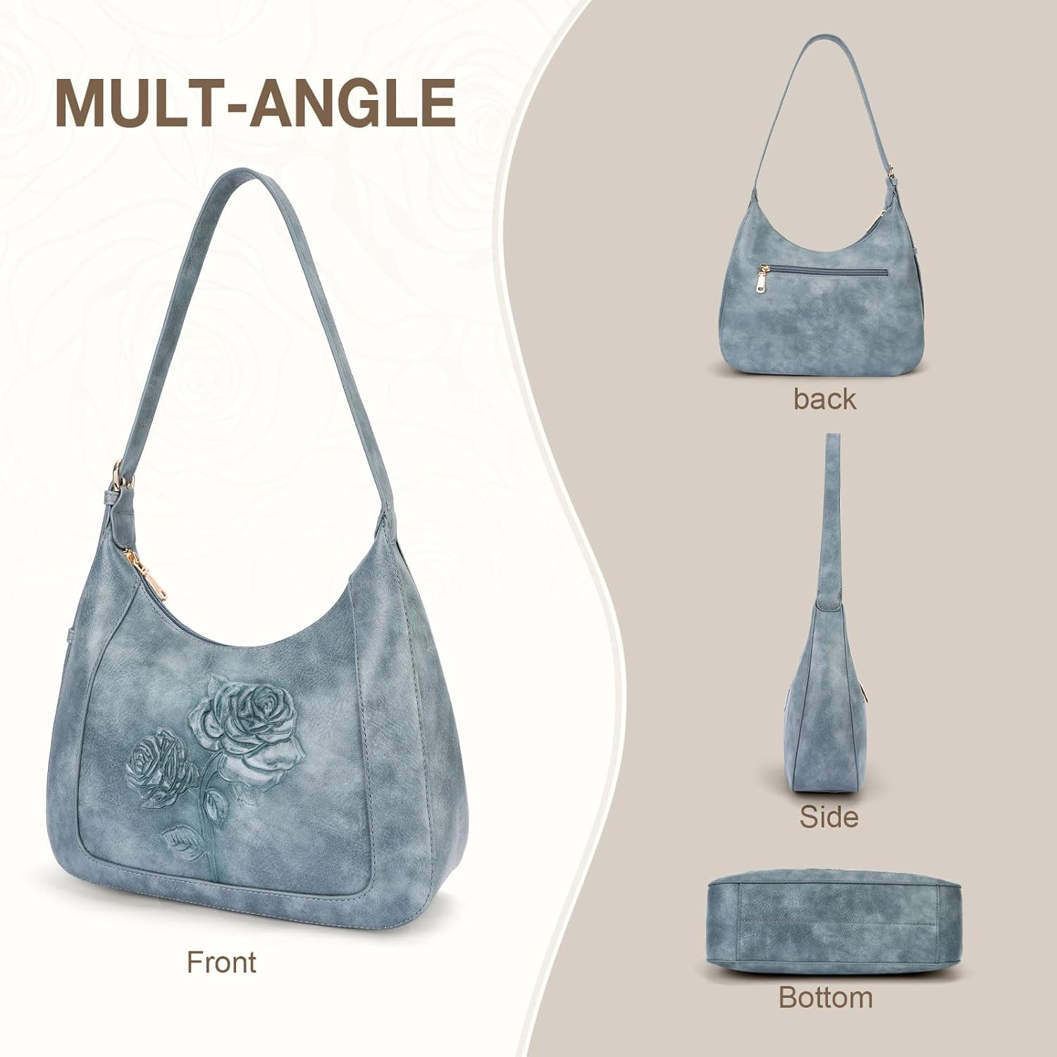 Shoulder Bag for Women, Vegan Leather Hobo Purse Trendy Small Handbag Top Handle Embossed Underarm Purse Daily Use (Blue) | Adjustable strap, Smooth zipper, Crescent Bag, Retro Mini Clutch, Gifts for Women