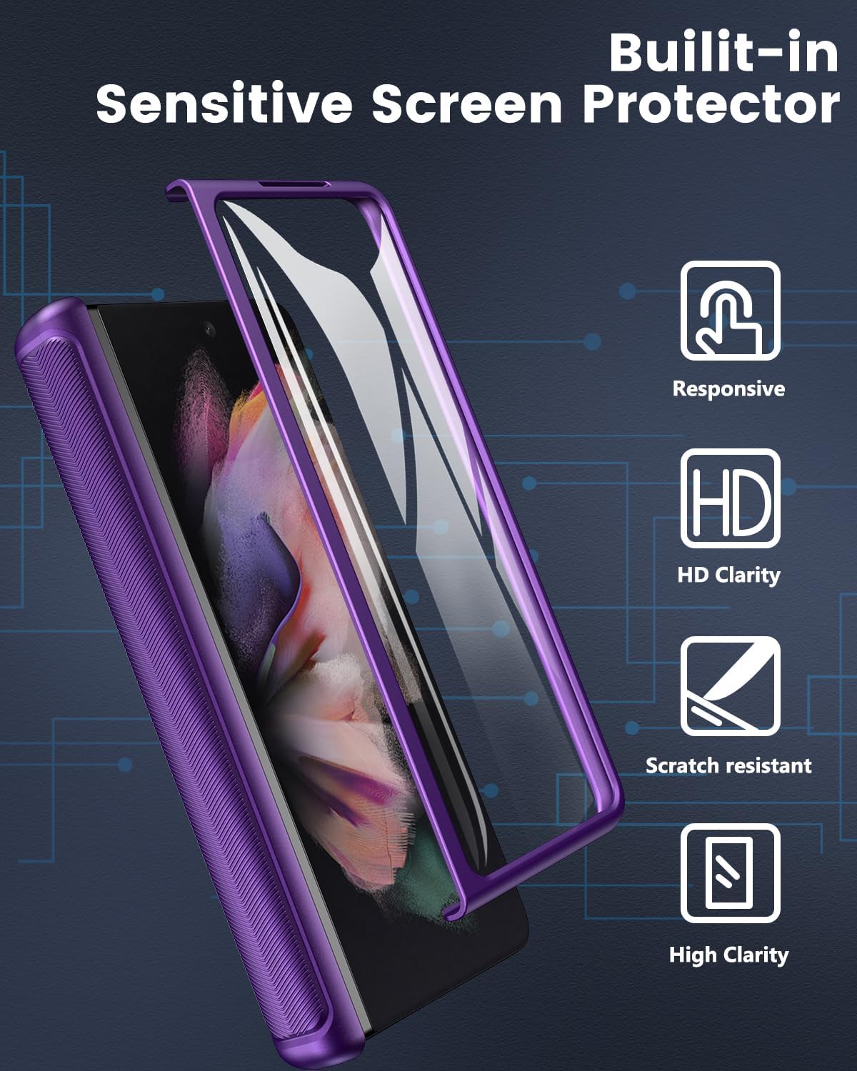 Viaotaily for Samsung Galaxy Z Fold 3 Case with Card Holder & Slide Camera Cover, Built-in Screen Protector & Hinge Protection, Shockproof Durable Wallet Phone Case for Galaxy Z Fold 3, Dark Purple