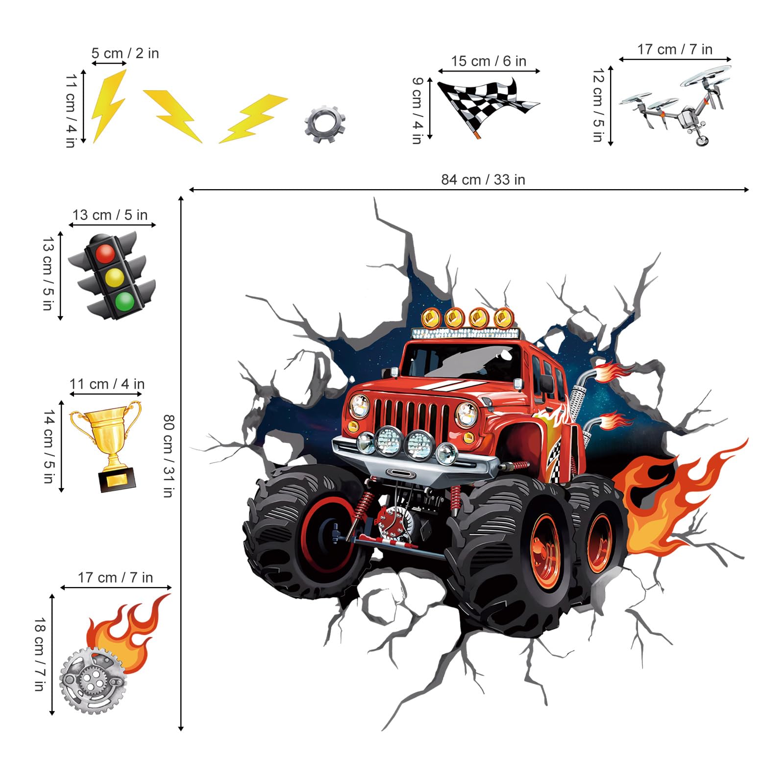 wondever 3D Racing Car Wall Stickers Break Through Running Car Truck Peel and Stick Wall Art Decals for Kids Bedroom Boys Room Playroom - Image 4