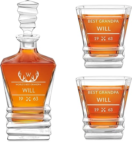 Maverton Juego de whisky grabado para hombre, elegante jarra geométrica con 2 vasos para él, juego geométrico con grabado, bar personalizado para