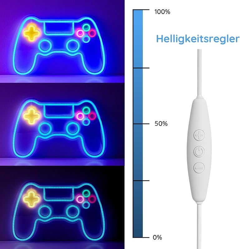 NELUX Gamer Kontroller Neon LED Világítás - Fali Dekoráció Játékszobába, USB Csatlakozás, Fényerőszabályzó, 41x26,5 cm