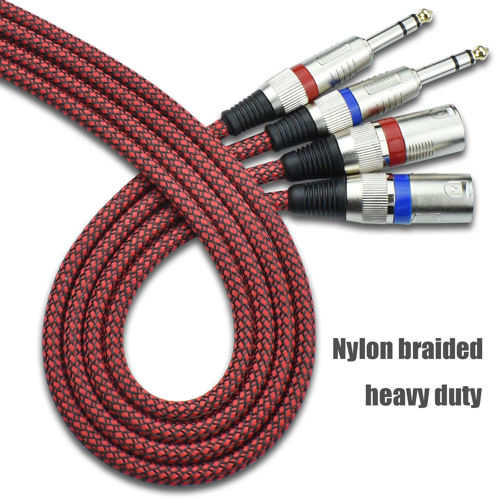 6.35 mm TRS auf XLR-Stecker, symmetrisch – 15 m Stereo auf XLR-Mikrofonkabeladapter, Nylon geflochten, OFC-geschirmt, rote Farbe, für Mischpult, Audio-Schnittstelle, 2 Stück