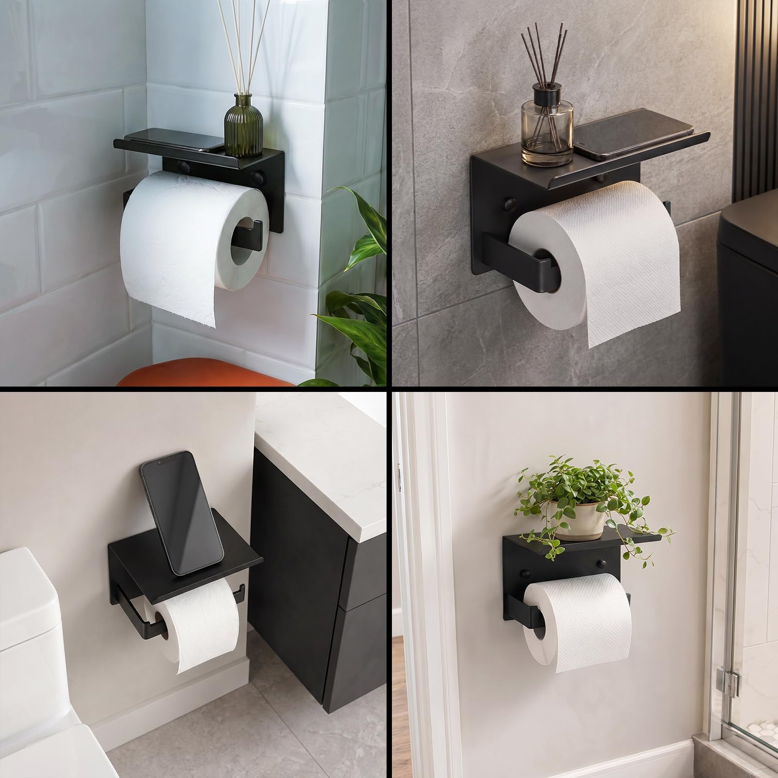 Adhesive Wall Mount Toilet Paper Holder with Shelf, Matte Black — Amazon image 7