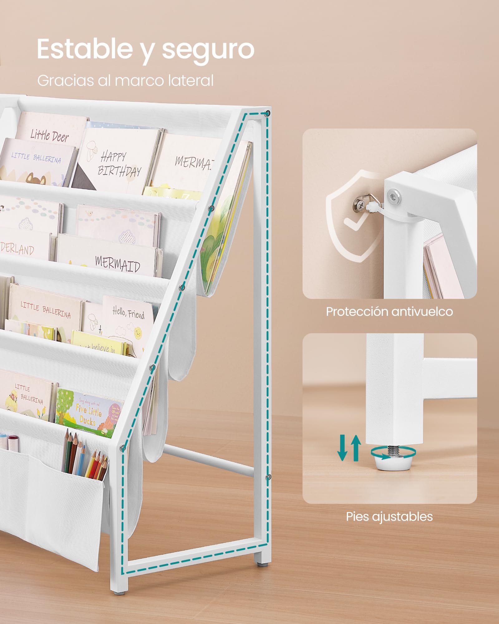 SONGMICS Estantería Infantil, Estantería para Niños, para Juguetes, Organizador de Libros, con Bolsillo Lateral, 75 cm de Altura, para Habitación Infantil, Cuarto de Juegos, Blanco GKR024W01