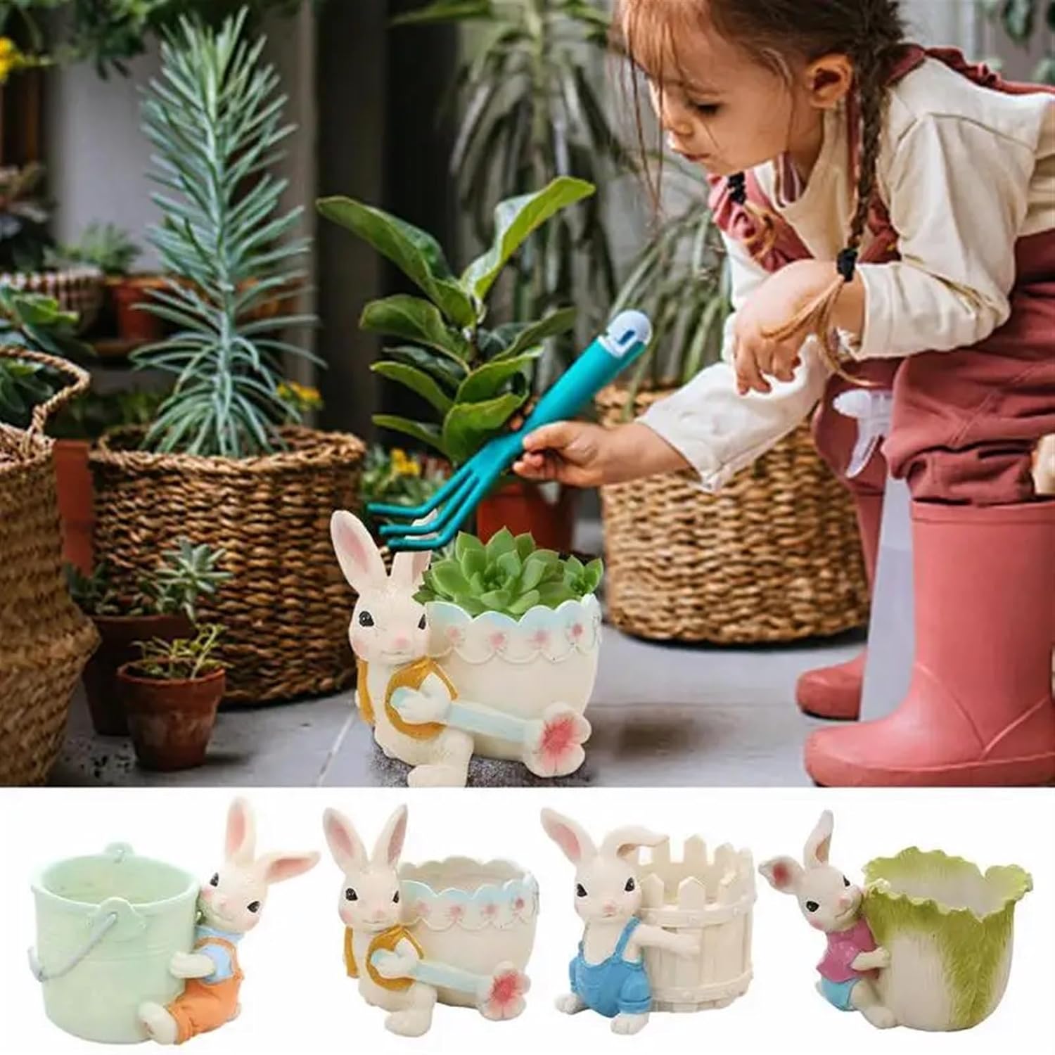 Cute Cartoon Rabbit Plant Pot Easter Decorative FlowerPot Mini Resin Rabbit Planter Cactus Succulent Container Home Flower Decor(Pink2)