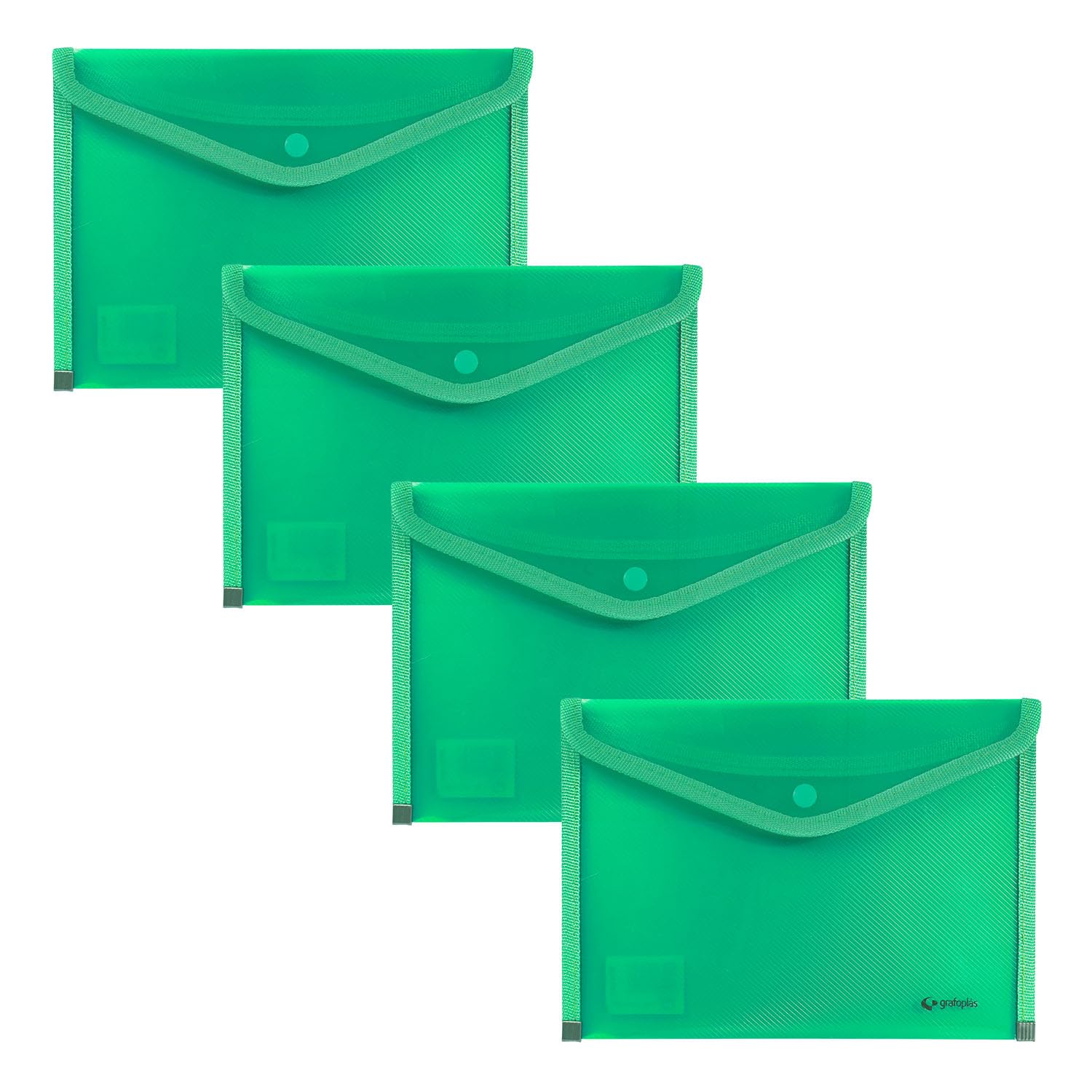 Grafoplas - 4 Plastic Folder Envelopes with Button Closure, Fabric Trim, 24.5 x 17.5 cm, Translucent Green, for Small Documents A5 or Less, Perfect as Portfolios in The Office