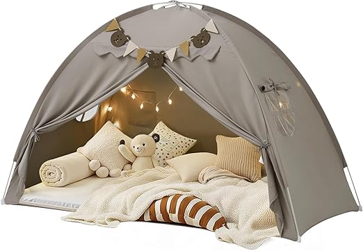 Twin Bed Tent, Bunk Bed Tent Twin Size Bed Tents with Stars Lights & Flags, Breathable Sleeping Tent Privacy Space Dream Tents Cottage Play Tent Portable Foldable Indoor Floor Bed Tents, Grey
