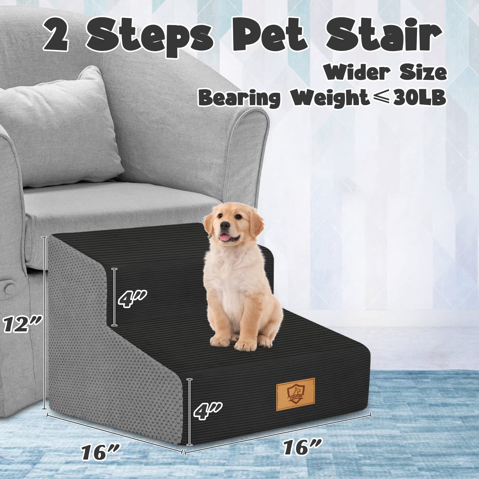 Dog Stairs, 2 Step Pet Stairs with 40D High-Density Foam and Machine Washed Cover,12" High Dog Ramp for Bed Non-Slip Pet Steps for Small Dogs, Cats to Get on High Bed, Sofa, Couch(Black&Grey)