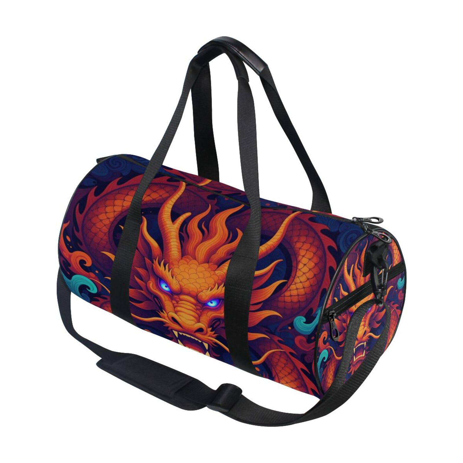 Bolsa de viaje redonda unisex con bolsillo y diseño gráfico de dragón abstracto 7