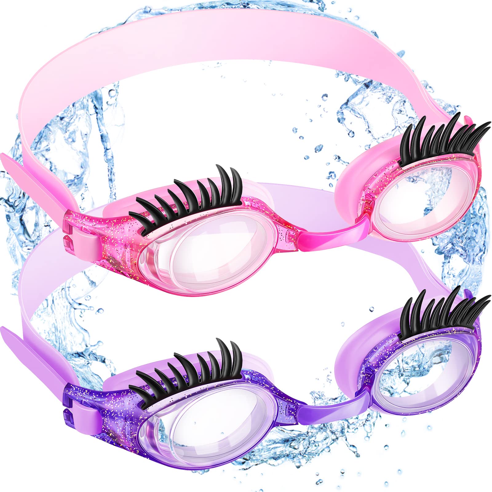 Konohan 2 Pieces Kids Swim Goggles Eyelashes Girls Funny Swim Goggle No Slip Leak Anti Fog UV Glasses for Lash Extensions